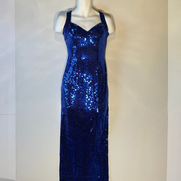 Niteline SZ4 Vintage Blue Halter Cut Sequin Maxi old glamour party timeless prom - Picture 1 of 9